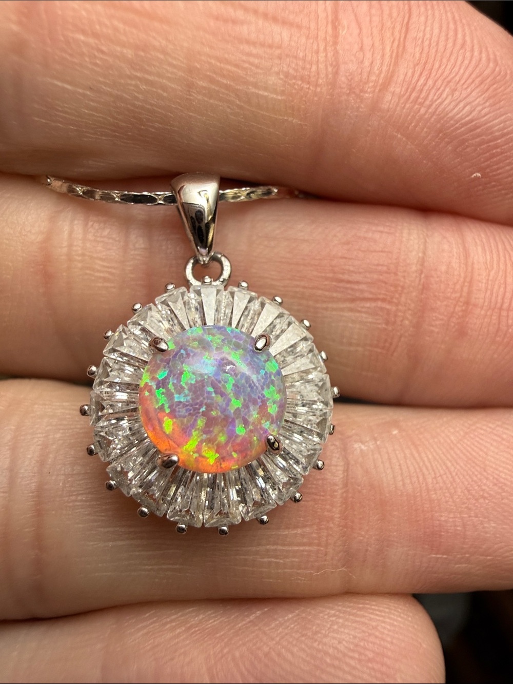 Genuine Opal Pendant MOISSANITE BAGUETTE DIAMONDS Necklace 925 STERLING SILVER